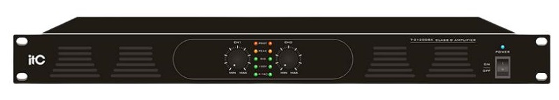 Усилитель ITC T-2120DSA двухканальный Class-D, 2х120W, 100V/4Ohm, 1U высота, управление громкостью на передней панели.