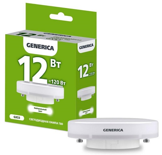 Лампа светодиодная GENERICA LL-T80-12-230-40-GX53-G T80 12Вт таблетка 4000К GX53 230В