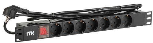 Блок розеток ITK PH12-7D1-P на 7 розеток DIN49440 (нем. cтанд.) с LED выключателем, 1U, шнур 2м вилка DIN49441 (нем. станд.), профиль из ПВХ, черный