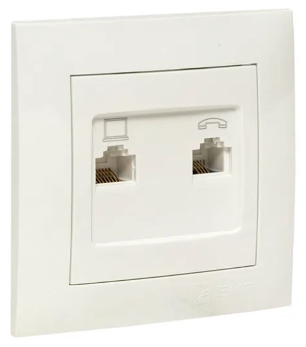 Розетка компьютерная в сборе EKF EWK02-035-30 Валенсия RJ-45+RJ11 2-местная белая