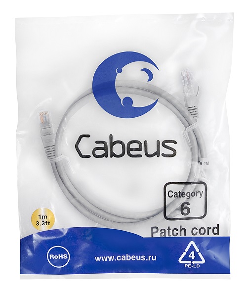 Кабель патч-корд U/UTP 6 кат. 1м Cabeus PC-UTP-RJ45-Cat.6-1m неэкранированный, серый