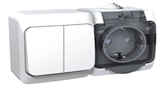 Блок Schneider Electric BPA16-242B Этюд выключатель 2-клавишный + розетка с заземлением, со шторками, наружный, 250 В, IP44 (белый)