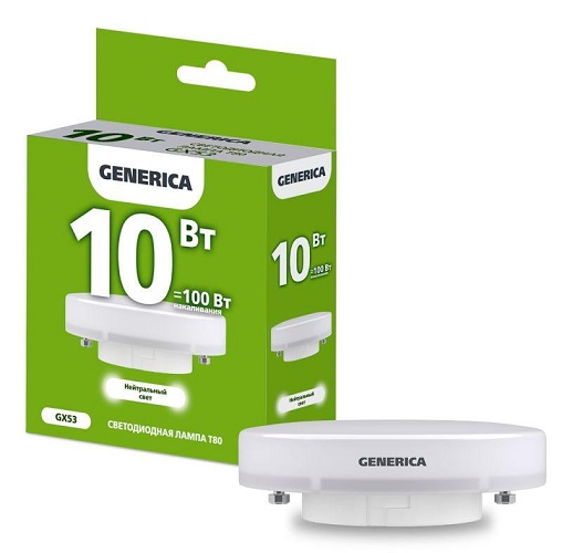 Лампа светодиодная GENERICA LL-T80-10-230-40-GX53-G T80 10Вт таблетка 4000К GX53 230В