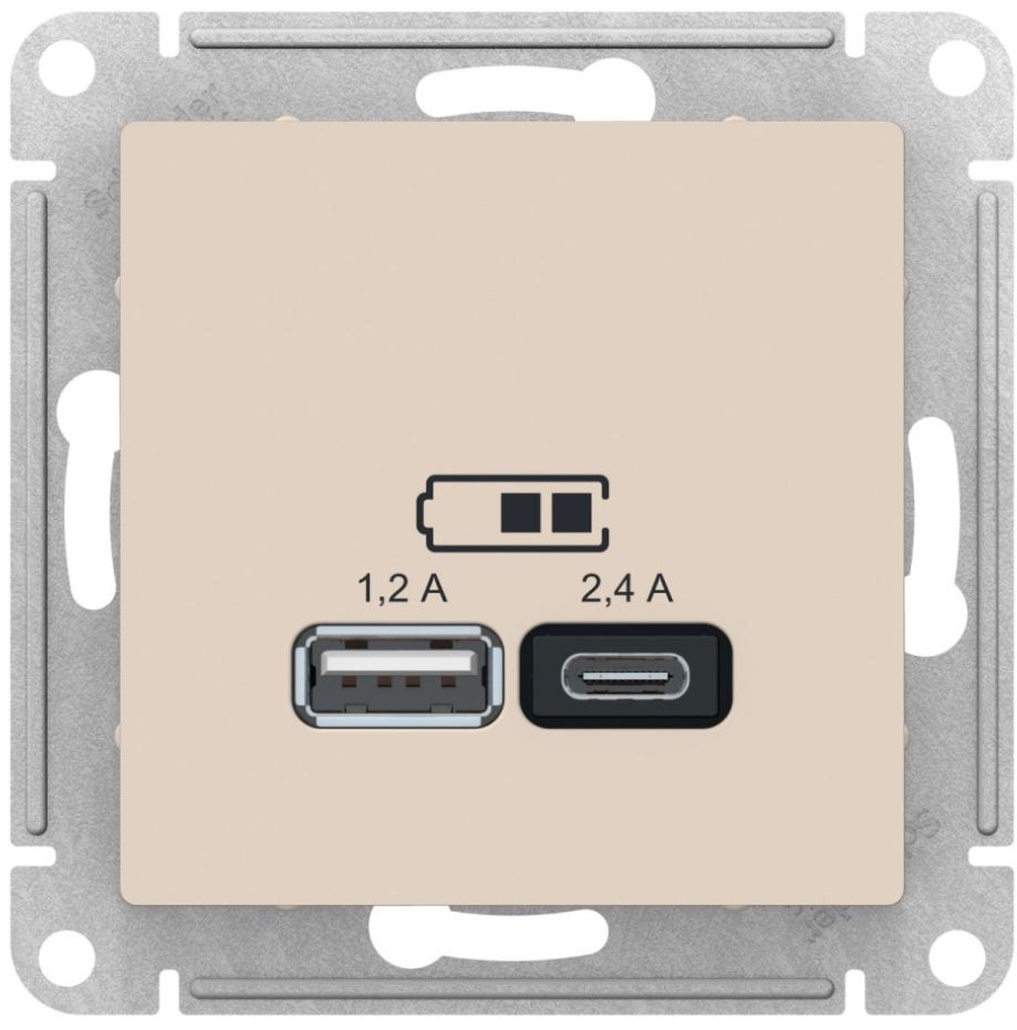 Розетка USB Systeme Electric ATN000239 AtlasDesign А+С, 5В/2,4А, 2х5В/1,2А, механизм, Бежевый