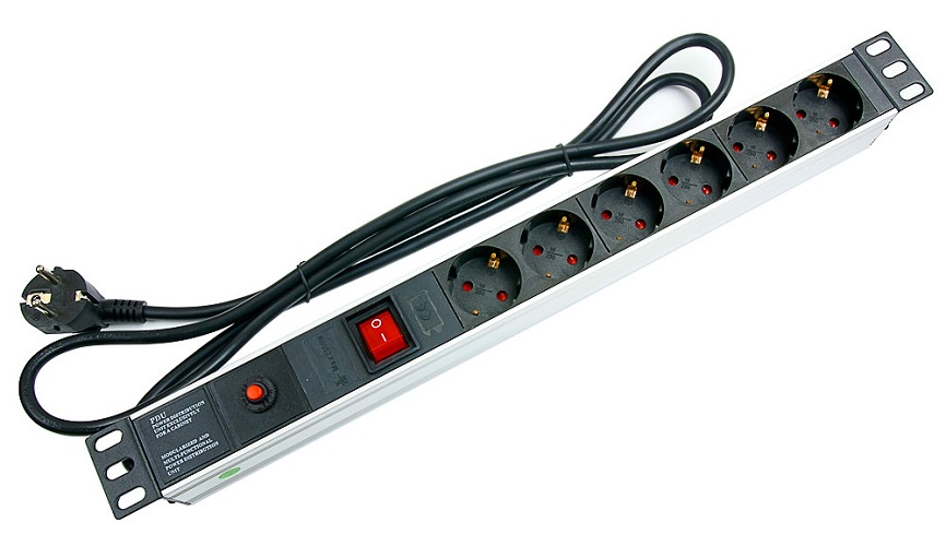 Блок розеток 19, 6 розеток Cabeus PDU-6P-F-2EU для 19 шкафов, горизонтальный, фильтр, 16 A, выключатель, шнур 2м, алюминиевый корпус, немецкий станда