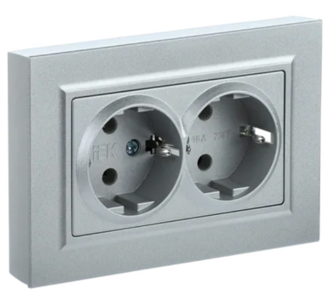 Розетка двухместная с заземлением в сборе IEK BR-R24-16-K46-F BRITE с защитными шторками 16А РСш12-3-БрС Сталь