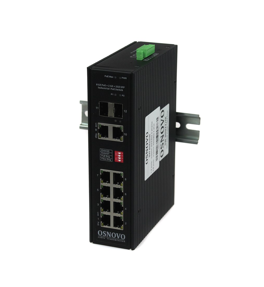   Xcom-Shop Коммутатор PoE OSNOVO SW-80822/IR промышленный Gigabit Ethernet на 10 портов. Порты: 8 x GE (10/100/1000Base-T) с PoE (до 30W) + 2 x GE Combo (RJ45 10
