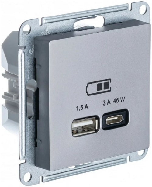 Розетка USB Systeme Electric ATN000929 AtlasDesign A + тип-C 45Вт высокоскор.заряд. QC, PD, механизм, Сталь