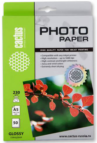 Cactus фотобумага Фотобумага Cactus CS-GA523050 A5/230г/м2/50л./белая, глянцевая для струйной печати