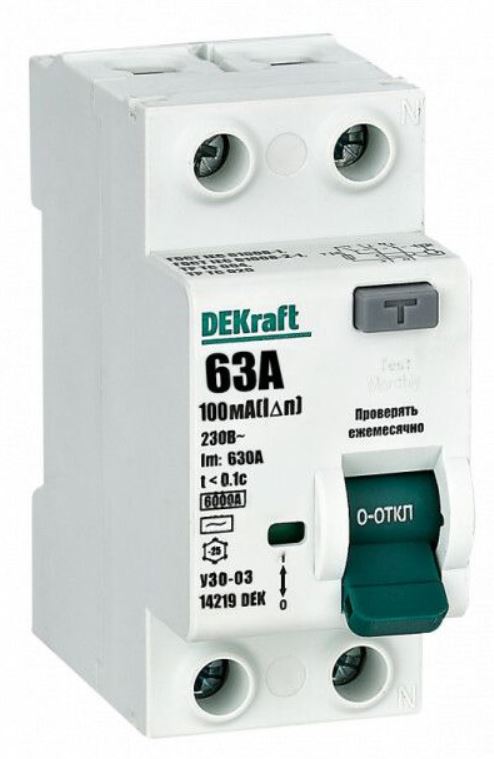 УЗО DEKraft 14219DEK ВДТ 2P 63А 100мА тип AC 6кА