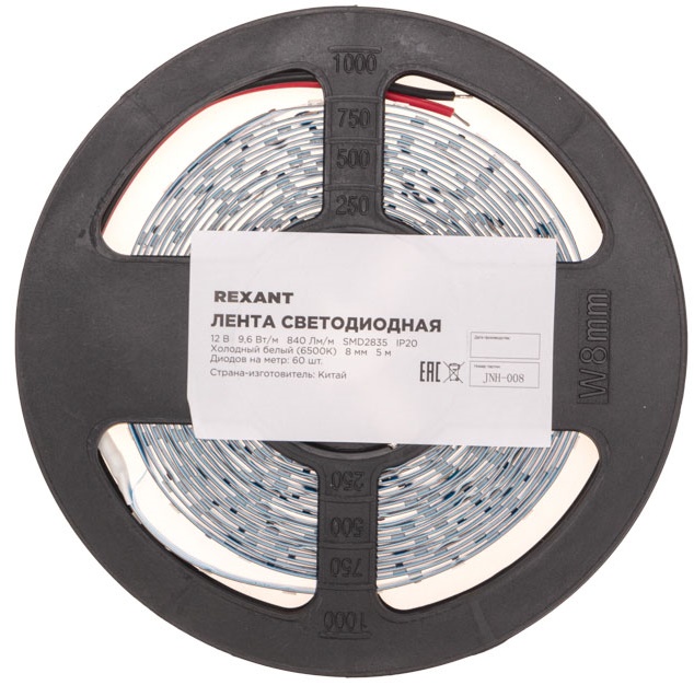 Лента светодиодная Rexant 141-217 12В, SMD2835, 9,6Вт/м, 60 LED/м, 6500K, 8мм, 5м, IP20