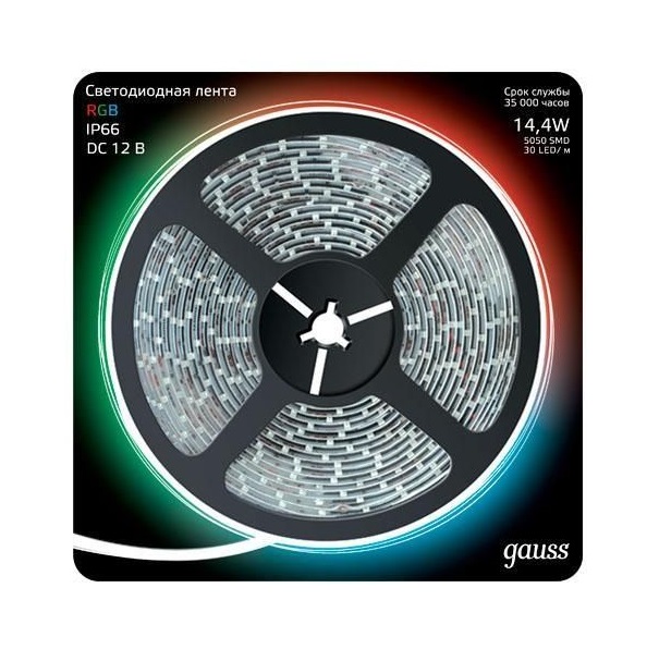 Лента Gauss 311000414 LED 5050/60-SMD 14.4W 12V DC RGB IP66 (блистер 5м)