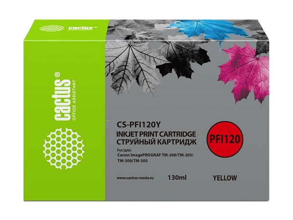 Картридж Cactus CS-PFI120Y струйный для Canon imagePROGRAF TM-200/TM-205/TM-300/TM-305, желтый (130мл)