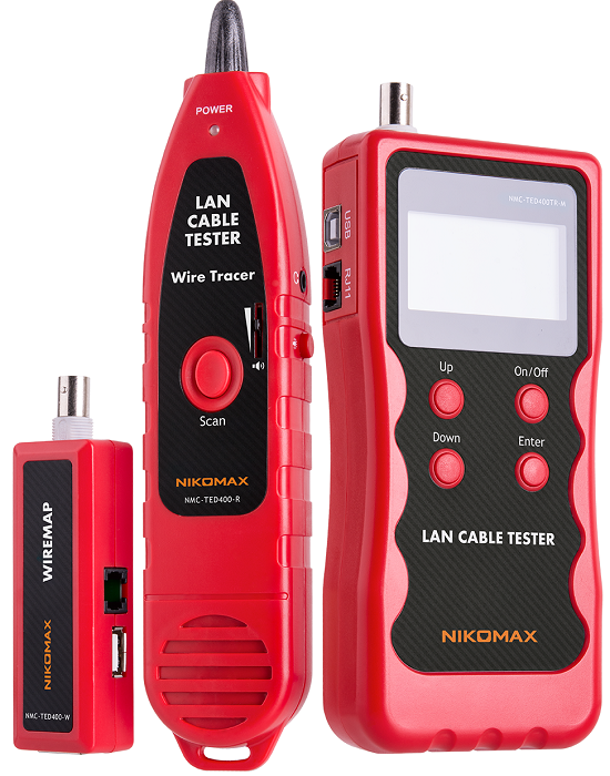 Анализаторы, тестеры LAN  Xcom-Shop Кабельный тестер NikoMax NMC-TED400TR с LCD дисплеем, UTP/STP, RJ45, RJ12, RJ11, BNC, USB, с функцией измерения длины и трассировкой кабелей
