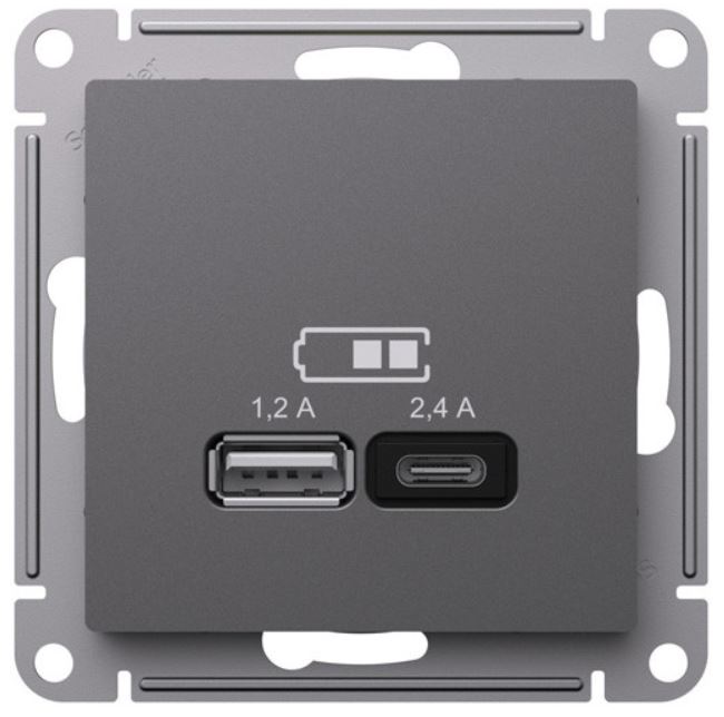 Розетка USB Systeme Electric ATN001439 AtlasDesign A+С, 5В/2,4А, 2х5В/1,2А, механизм, базальт