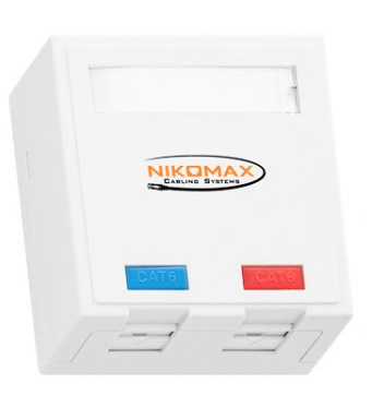 Компьютерная розетка настенная NikoMax NMC-WO2UE2-FT-ST-WT 2 порта, Кат.6, RJ45/8P8C, FT-TOOL/110/KRONE, T568A/B, неэкран., со шторками, белая