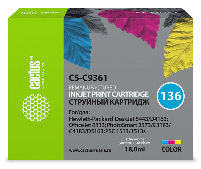 Картридж Cactus CS-C9361 №136 (трехцветный) для HP DeskJet 5443/D4163; OfficeJet 6313; PhotoSmart 2573/C3183/C4183/D5163; PSC 1513/1513s
