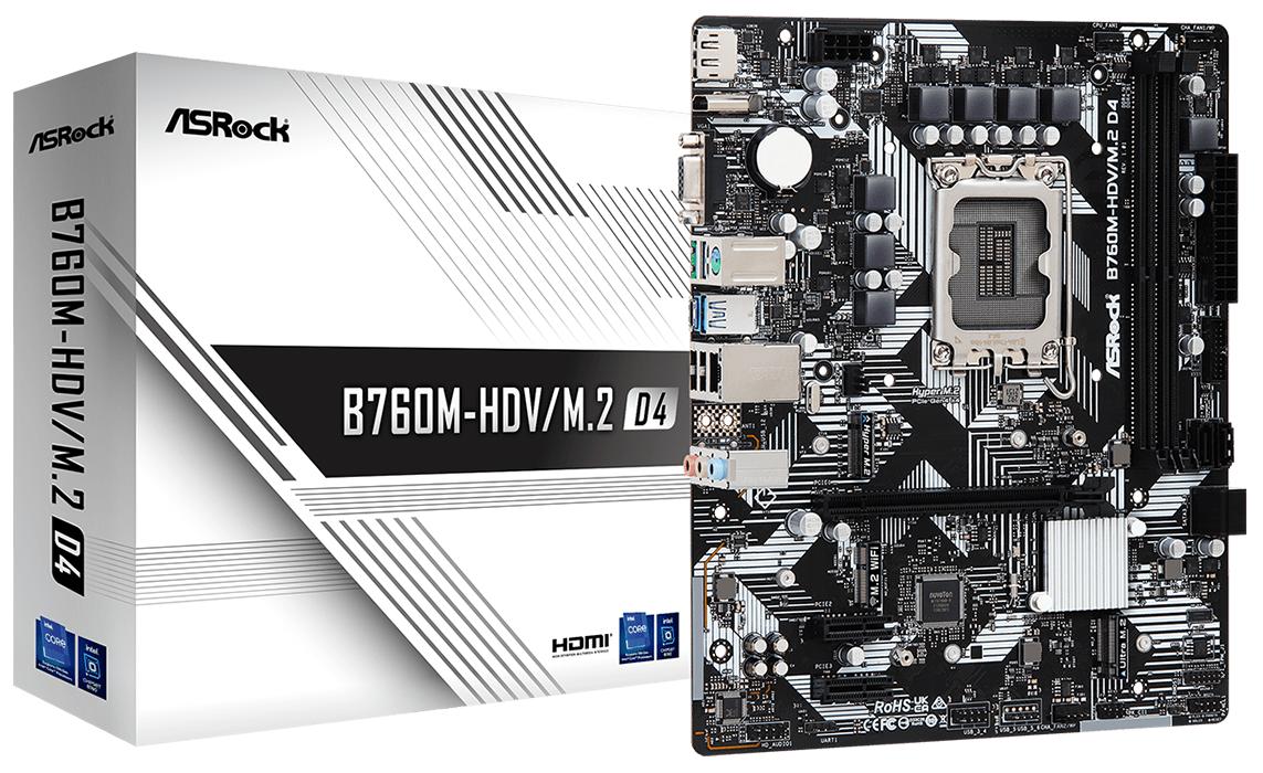 Материнская плата mATX ASRock B760M-HDV/M.2 D4 (LGA1700, B760, 2*DDR4 (5333), 4*SATA 6G RAID, 2*M.2, 3*PCIE, Glan, HDMI, DP, D-Sub, USB Type-C, 3*USB
