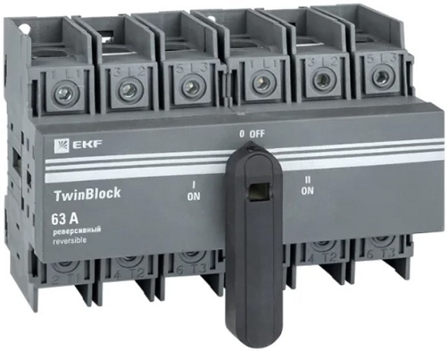 Рубильник EKF tb-s-63-3p-rev 63A 3P реверсивный c рукояткой для прямой установки TwinBlock