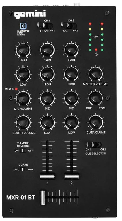 Микшер Gemini MXR-01BT 2х канальный DJ микшер с Bluetooth; 4xRCA phono/линейные входа; 1/4 микрофонный вход, 1/4 выход на наушники