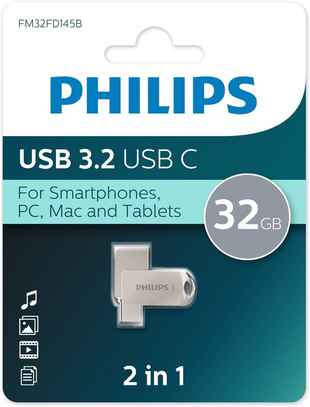 Накопитель USB 3.2 32GB Philips FM32FD145B/97 Type-C, OTG, USB 3.2/Type-C, Металл, 100 MB/s