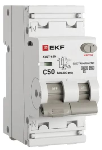 Автомат дифференциальный EKF D63N26MA50C300 АВДТ-63N 1P+N 50А (C) 300мА (A) эл-мех 6кА PROXIMA