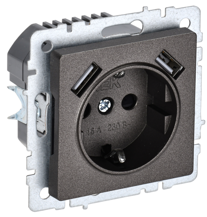 Розетка с заземлением IEK BR-R14-16-U21-D21-K45 BRITE с защитными шторками 16А с USB A+A 2,1А РЮш10-1-БрТБ Бронза