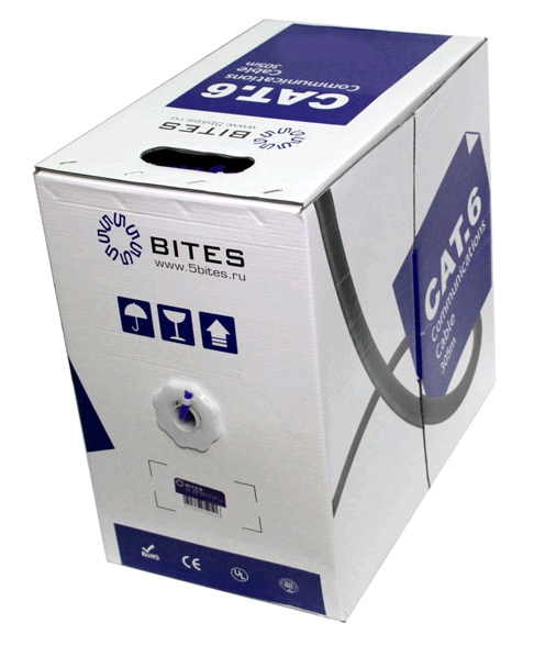 Кабель витая пара U/UTP 6 кат. 4 пары 5bites US6575-305A 23AWG, медь, одножильный(solid), ПВХ, серый, уп/305м