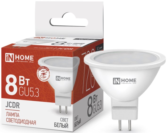 Лампы светодиодные Лампа светодиодная IN HOME 4690612020334 LED-JCDR-VC 8Вт рефлектор 4000К нейтральный, белый GU5.3 720лм
