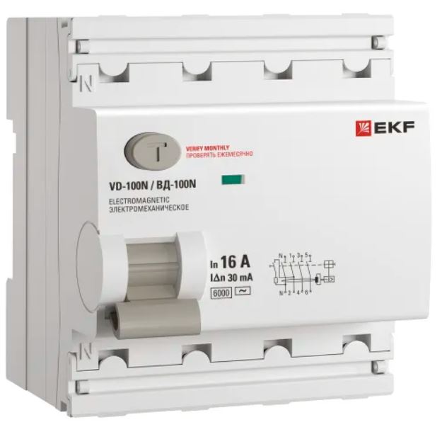 УЗО EKF E1046M1630 ВД-100N 4P 16А 30мА AC эл-мех 6кА PROXIMA