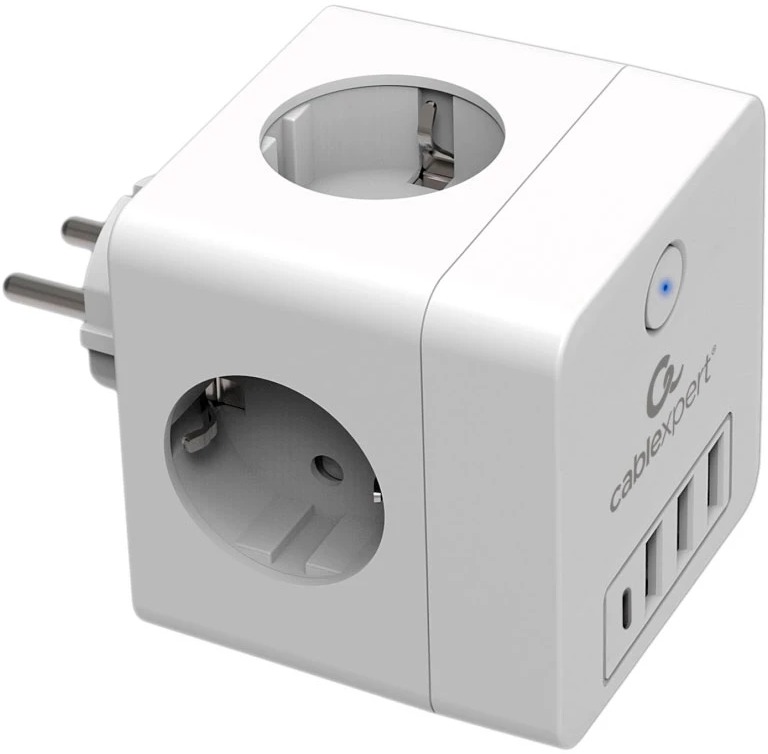 Сетевой фильтр Cablexpert CUBE-4-СU3-W 4р, 16А, 1xType-C PD, 3хUSB, ур.защиты 2+, белый, коробка