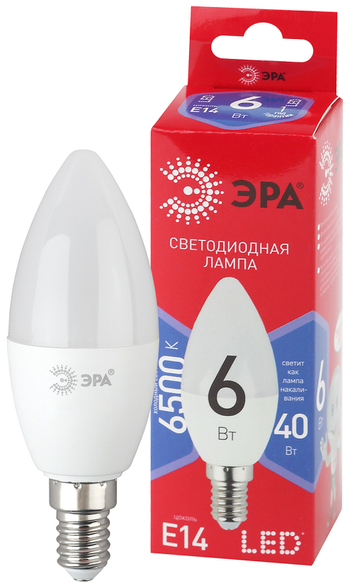 Лампа светодиодная ЭРА Б0045339 LED B35-6W-865-E14 R (диод, свеча, 6Вт, хол, E14)