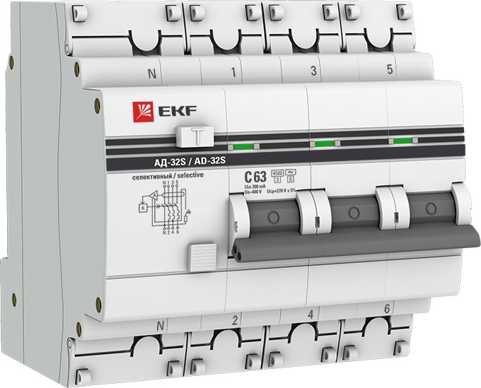 Автомат дифференциальный EKF DA32-63-300S-4P-pro АД-32 3P+N (S) 63А (С) 300мА тип (АС) эл. 4,5кА PROxima