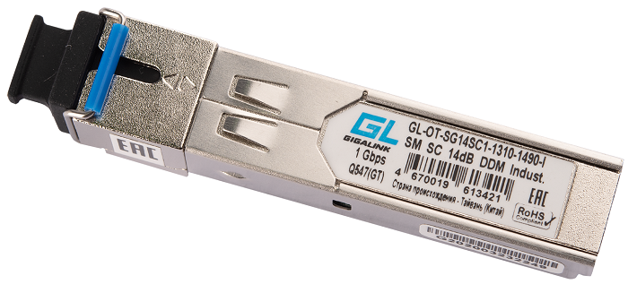 Модуль GIGALINK GL-OT-SG14SC1-1310-1490-I SFP, WDM, 1Гбит/c, одно волокно SM, SC, Tx:1310/Rx:1490 нм, DDM, 14 дБ (до 20 км)