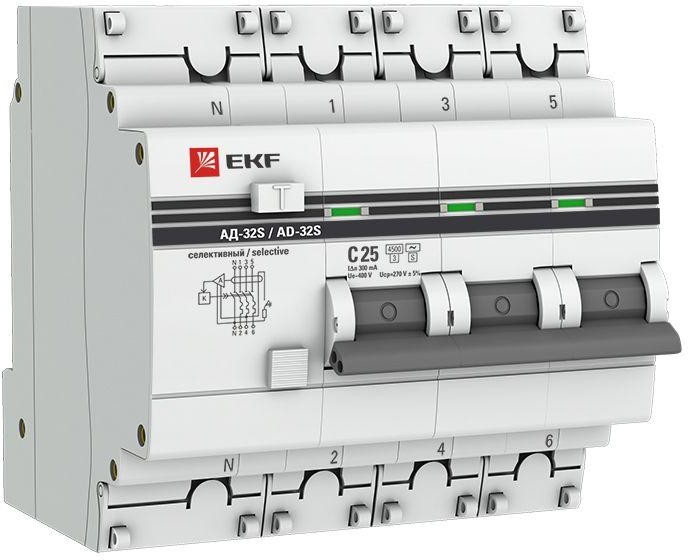 Автомат дифференциальный EKF DA32-25-300S-4P-pro АД-32 3P+N (S) 25А (С) 300мА тип (АС) эл. 4,5кА PROxima