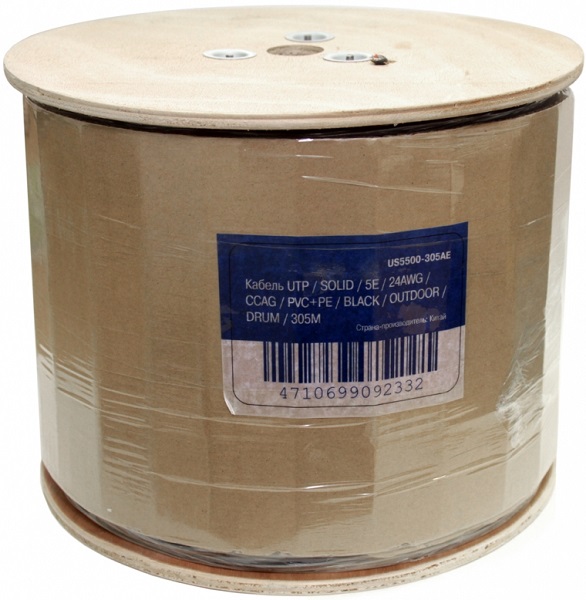 Кабель витая пара UTP 5e кат. 4 пары 5bites US5500-305AE solid, CCAG, PVC+PE, black, outdoor, drum, 305M