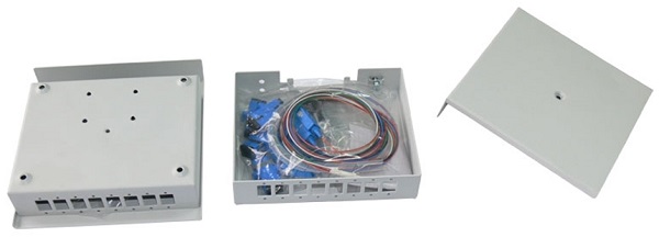 Бокс настенный Vimcom НКРУ-LB-8-SC 4AD-SC-SM+4PT-SM-SC-1 4 порта (расширяется до 8) SM(9/125) SC, укомплектованный (пигтейлы+проходные адаптеры)
