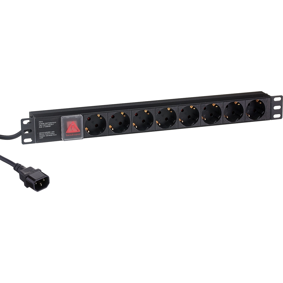 Блок розеток Exegate ServerPro PDU-19H806 Al-8S-C14-3CU-SW EX280845RUS (19, 1U, Алюминий, 8 Schuko, кабель с вилкой C14 VDE-250V-10A-3*1.0mm2, 3 метр