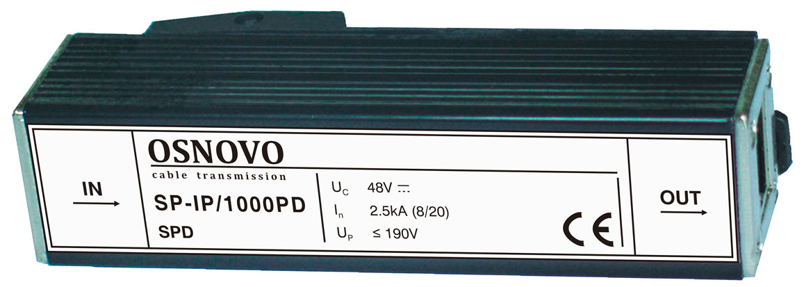 Грозозащита OSNOVO SP-IP/1000PD для локальной вычислительной сети (скорость до 1000Мбит/с) с защитой линий PoE (af/at, методы A+B, контакты 1/2, 3/6,