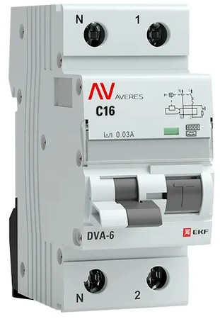 Автомат дифференциальный EKF rcbo6-1pn-16C-30-a-av DVA-6 1P+N 16А (C) 30мА (A) 6кА AVERES