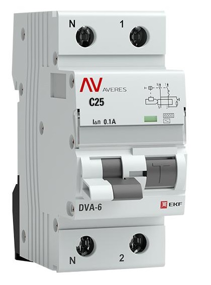 Автомат дифференциальный EKF rcbo6-1pn-25C-100-ac-av DVA-6 1P+N 25А (C) 100мА (AC) 6кА AVERES
