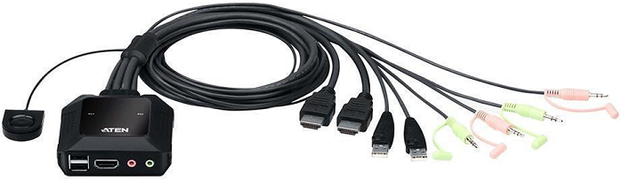Переключатель Aten CS22H-AT 1 user USB+HDMI+AUDIO =>  2 cpu USB+HDMI+AUDIO, со встр.шнурами USB 2x1.2м., 4096x2160 60Hz 4:4:4, настол., ~, без OSD, не