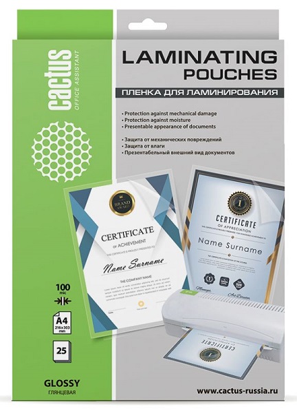 Пленка Cactus CS-LPGA410025 для ламинирования 100мкм A4 (25шт) глянцевая 216x303мм