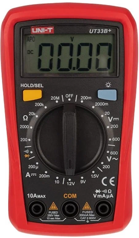 Мультиметр UNI-T UT33B+  , 600В, 10А, 200МОм, ручной выбор диапазона измерений, функция тестирования элементов питания 1,5В / 9 В / 12 В