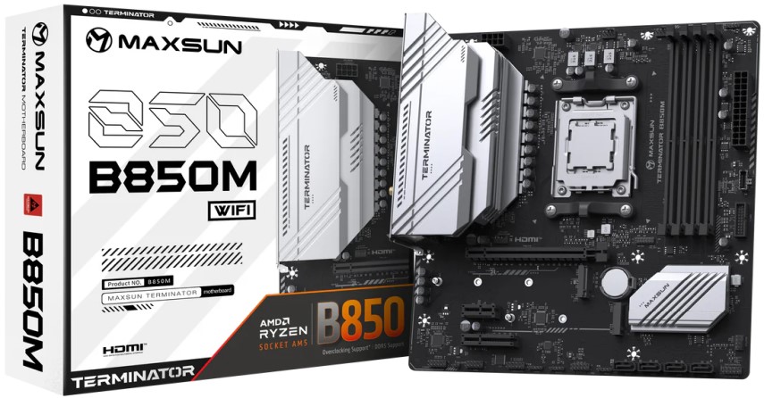 Материнская плата mATX MAXSUN MS-Terminator B850M WIFI (AM5, AMD B850, 4*DDR5, 4*SATA 3.0, 2*M.2, WiFi, BT, USB 3.2, USB 2.0, USB Type-C, PCIe, HDMI,