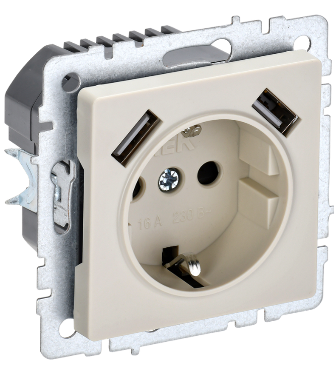 Розетка с заземлением IEK BR-R14-16-U21-D21-K10 BRITE с защитными шторками 16А с USB A+A 2,1А РЮш10-1-БрКр Бежевый