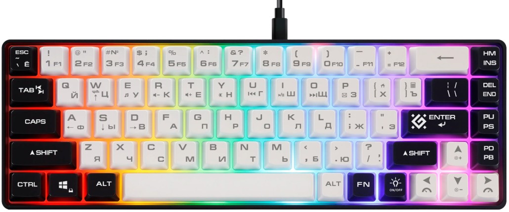 Клавиатура Defender Aris GK-349 RU 45349 бел/черн, 68кн+FN, радуж, 1.5м