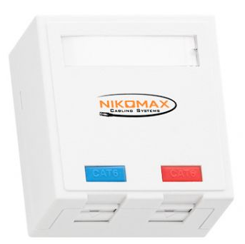 Компьютерная розетка настенная NikoMax NMC-WO2UD2-FT-ST-WT 2 порта, Кат.5e, RJ45/8P8C, FT-TOOL/110/KRONE, T568A/B, неэкран., со шторками, белая