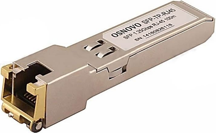 Модуль OSNOVO SFP-TP-RJ45(1G) медный SFP Gigabit Ethernet с разъемом RJ45. Скорость 1000 Мбит/с. Интерфейс: SERDES. Расстояние передачи - до 100 м