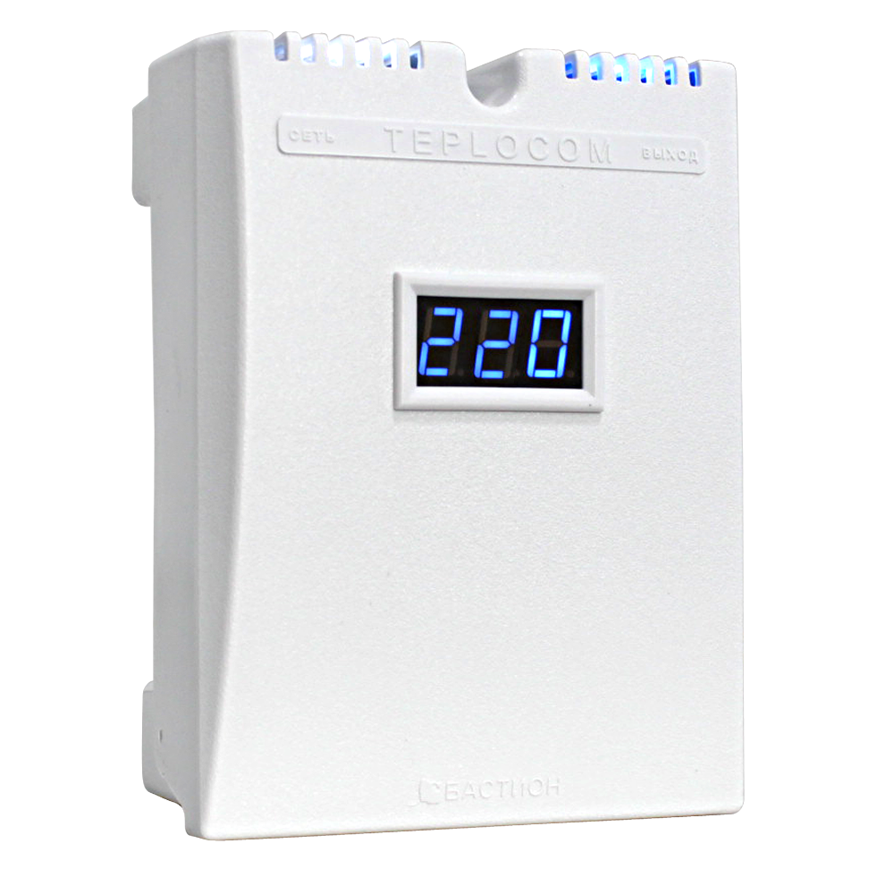 Стабилизатор Бастион TEPLOCOM ST-555-И напряжения, с индикацией напряжения сети, входное напряжение 145…260 В, мощность нагрузки 400 ВА (номинальная)